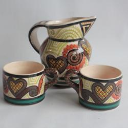 Pichet grès et deux tasses P.Fouillen HB Quimper