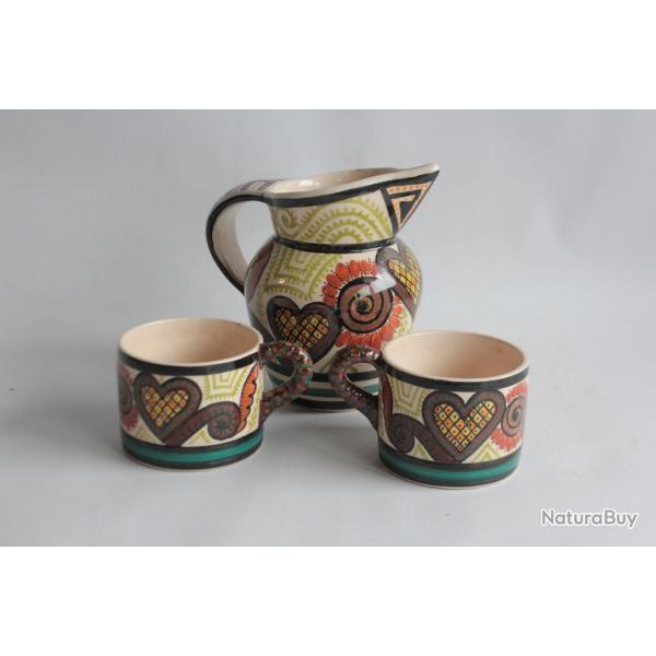 Pichet grs et deux tasses P.Fouillen HB Quimper