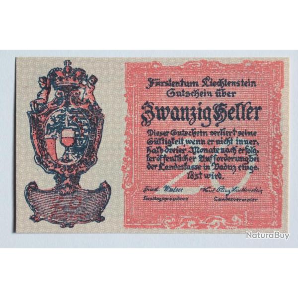 Billet 20 Heller Liechtenstein 1920 neuf