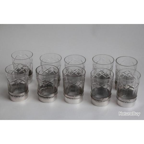 Dix Verres  liqueur cristal taill argent Minerve France