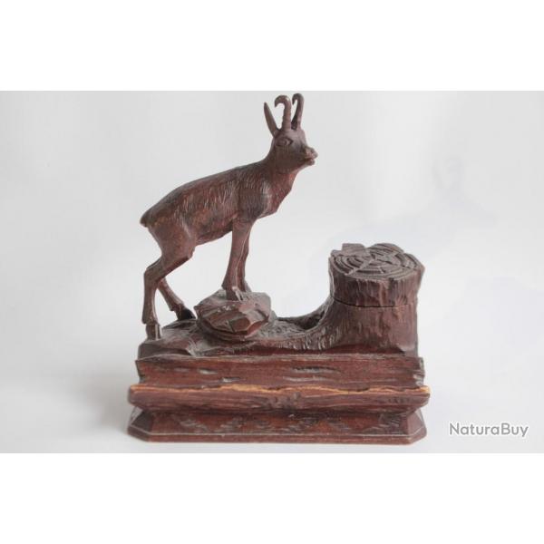 Encrier bois sculpt Chamois Art populaire Suisse Fort Noire