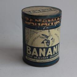 Boîte chocolat cacao ronde tôle lithographiée BANANIA bleue