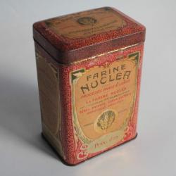 Boîte farine tôle lithographiée Farine Nucléa dispensaires Paris