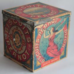 Boîte tôle papier lithographiée Biscuits Pernot gaufrette proverbes