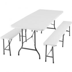 ACTI- Ensemble de table de camping VALENTIN blanc pliable (1 table+2 bancs) salon527