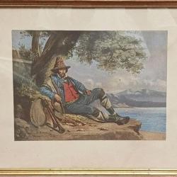 VINTAGE - Ancienne gravure en couleurs, représentant "Le joueur de cornemuse" - A.HONEM