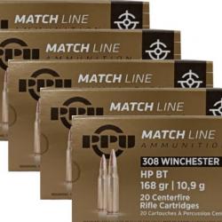 Lot de 5 boîtes de 20 Cartouches Partizan Cal. 308 Winchester - 168 Grs HPBT Match