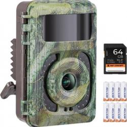 Caméra de Chasse Nocturne 48 MP 4K WiFi Infrarouge IP66 Etanche + 8 piles + 64G Carte Micro SD