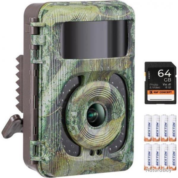 Camra de Chasse Nocturne 32 MP 4K WiFi Infrarouge IP66 Etanche + 8 piles + Carte micro SD 64G