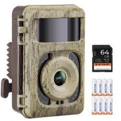 Caméra de Chasse Nocturne 4K 48 MP WiFi Infrarouge IP66 Etanche + 8 piles + 64G Carte Micro SD