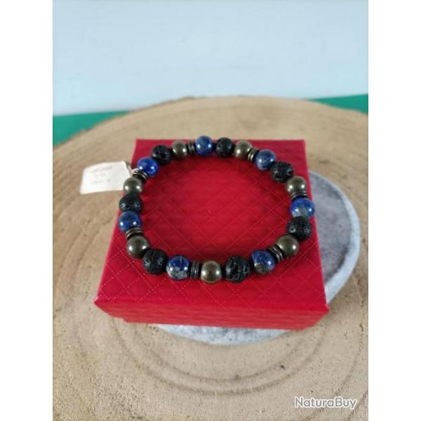 Bracelet en pierre naturelle Pyrite / lave / Lapis Lazuli perles 8 mm  avec crin Rf : N249