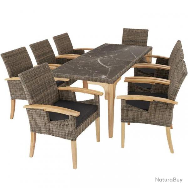 ACTI- Ensemble Table en rotin avec 8 chaises ROBERTA marron naturel salon862