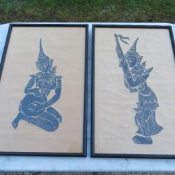Ancienne paire de cartons estampés représentant des musiciennes d'Asie du Sud-Est - Thaïlande (XXé)