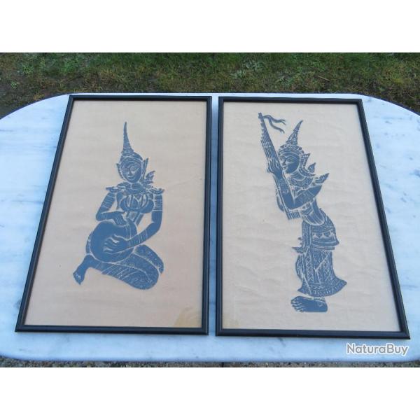 Ancienne paire de cartons estamps reprsentant des musiciennes d'Asie du Sud-Est - Thalande (XX)
