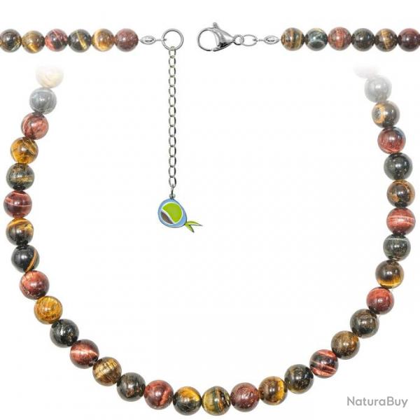 Collier en oeil de tigre, boeuf et faucon - Perles rondes 8 mm - 43 cm