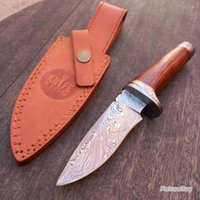 Couteau De Chasse En Acier Damas Fait Main - Lame 10 Pouces, Manche Noyer, Avec Fourreau Cuir