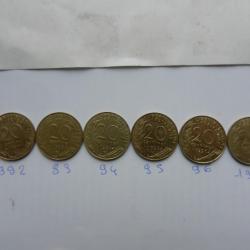 lot de 6 pièces de 20 centimes de francs 1992 à 1997