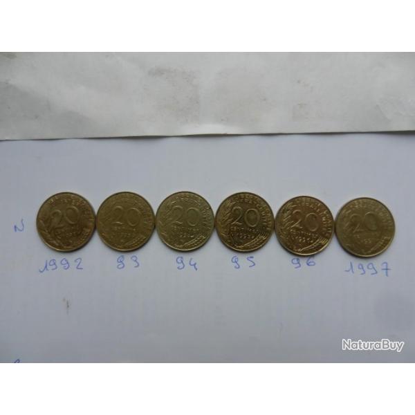 lot de 6 pices de 20 centimes de francs 1992  1997