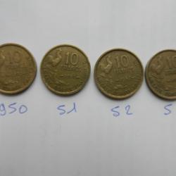 lot de 4 pièces de 10 francs 1950 à 1953