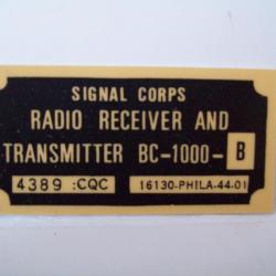 militaria ww2 plaque signal corps TRANSMITTER BC-1000