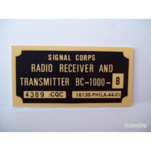 militaria ww2 plaque signal corps TRANSMITTER BC-1000
