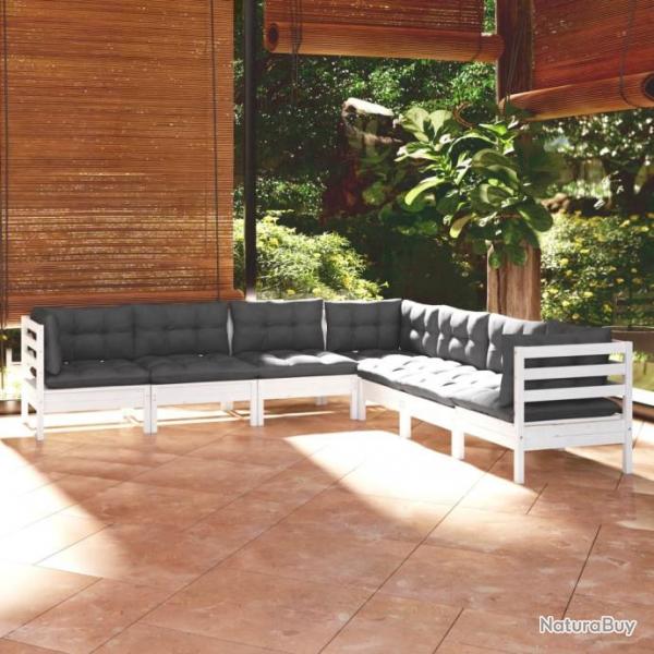 Salon de jardin 7 pcs avec coussins blanc bois de pin solide