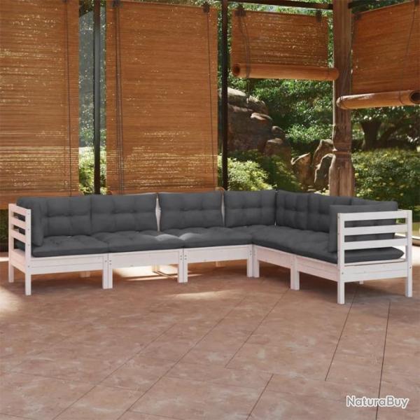 Salon de jardin 6 pcs avec coussins blanc bois de pin solide