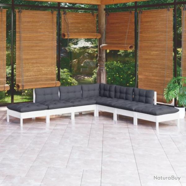 Salon de jardin 7 pcs avec coussins blanc bois de pin