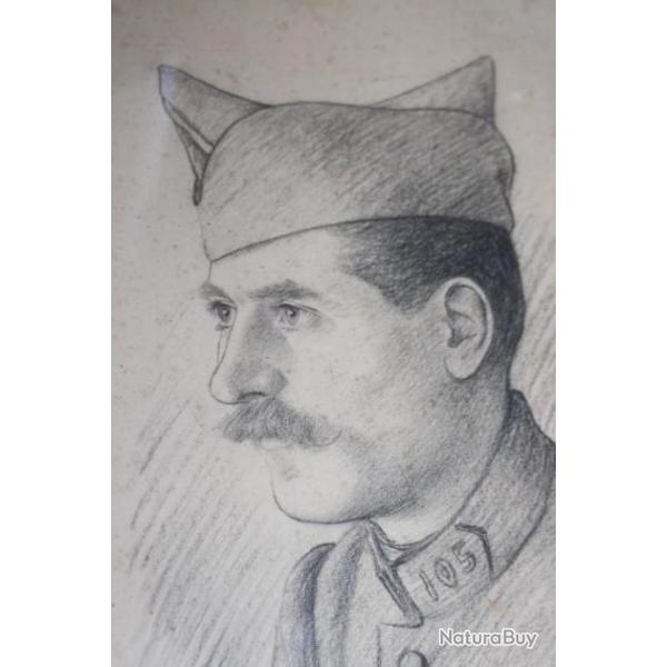 Militaria portrait de poilu au crayon 1918