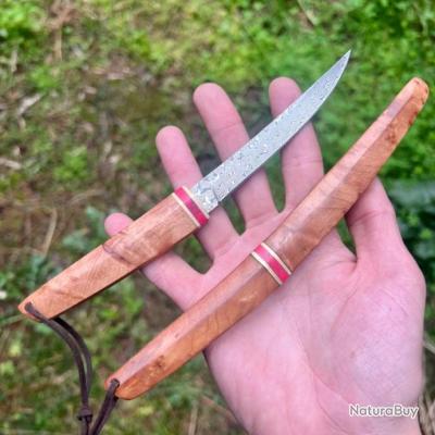 Couteau De Survie Damas Multifonction – Lame 14,5cm, Manche Bois, étui Inclus