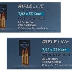 Lot de 2 boîtes de 20 cartouches Partizan calibre 7.92x33 Kurz - 124 Grs FMJ BT