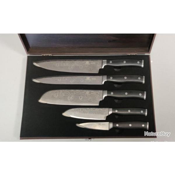 **Damascus, Parure de 5 couteaux de cuisine japonais lame en acier damas 128 couches Royal Swiss k