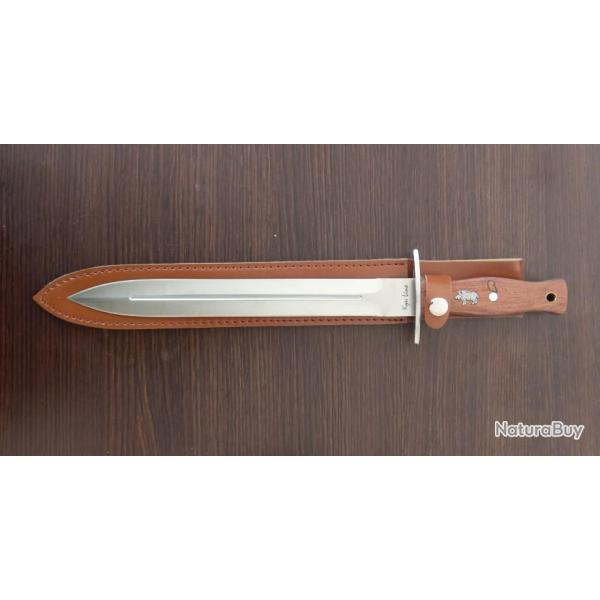 *dague de chasse lame 28cm en acier manche en bois de rose avec sanglier incrust 40.5cm avec etui T