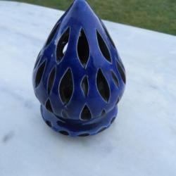 Déco - Bougeoir Oriental en forme de dôme en terre cuite émaillé peinte bleu (XXé)