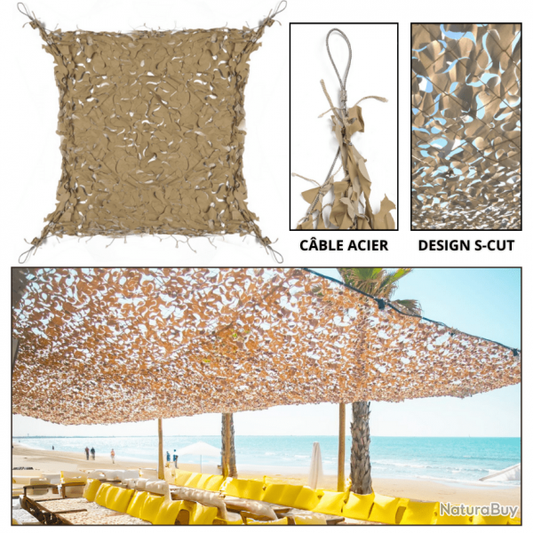 Filet de Camouflage / Voile d'ombrage Beige - Renforc Cble Acier - CamoShadow 3 x 6 m
