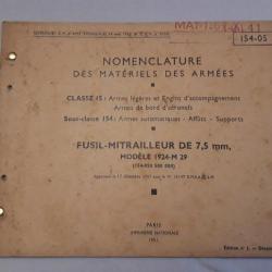 NOMENCLATURE DES MATERIELS DES ARMEES 154-05 POUR FUSIL-MITRAILLEUR DE 7,5 mm MODELE 1924-M29