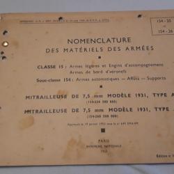 NOMENCLATURE DES MATERIELS DES ARMEES 154-25 / 26 POUR MITRAILLEUSE DE 7,5 mm MODELE 1931 REIBEL