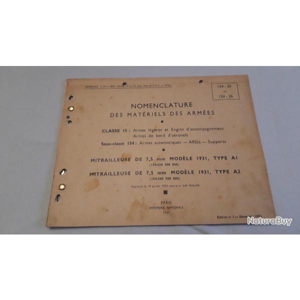 NOMENCLATURE DES MATERIELS DES ARMEES 154-25 / 26 POUR MITRAILLEUSE DE 7,5 mm MODELE 1931 REIBEL