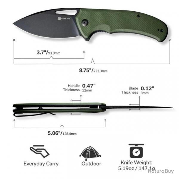 Couteau Sencut Phantara OD Green Manche G10 Lame Acier 9Cr18MoV BLK Drop Point IKBS Clip S230143