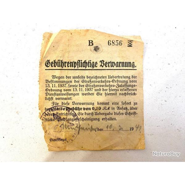 Ancien Papier Coupon Allemand avec Tampon ww2 1941