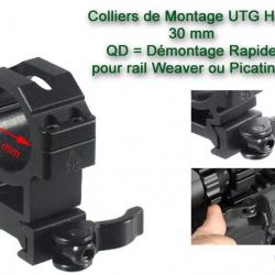 Colliers de montage UTG High QD pour lunette - 30 mm pour rail Weaver (21  mm)