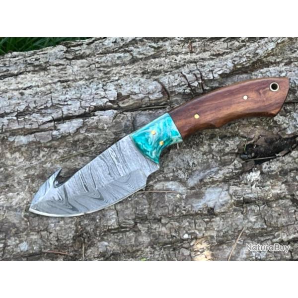 Couteau  dpecer/bushcraft avec crochet damas forg LLF 21cm turquoise
