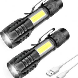Lot de 2 Lampes Torche LED Rechargeables Étanche IPX6 Zoomable 3 Modes D'éclairage 1000 mAh