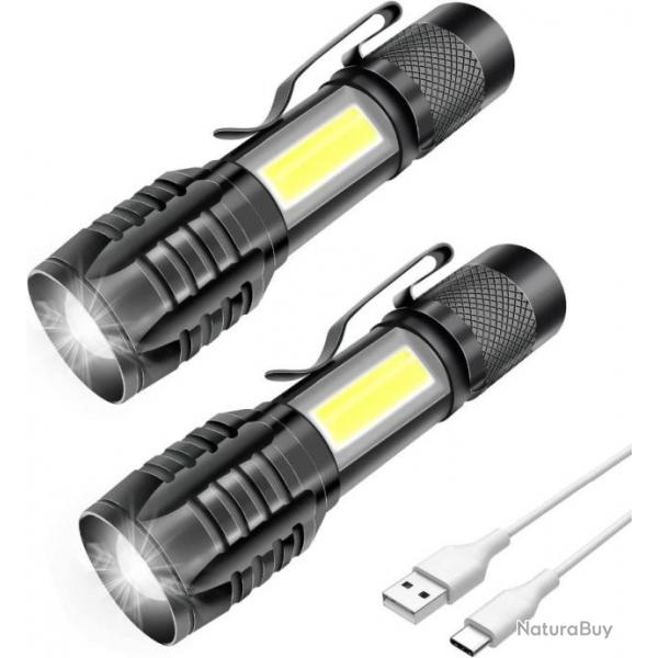 Lot de 2 Lampes Torche LED Rechargeables tanche IPX6 Zoomable 3 Modes D'clairage 1000 mAh