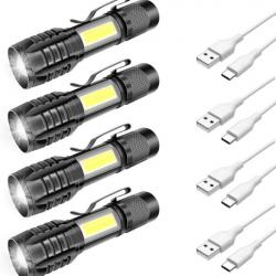 Lot de 4 Lampes de Poche LED Rechargeables Étanche IPX6 Zoomable 3 Modes D'éclairage 1000 mAh