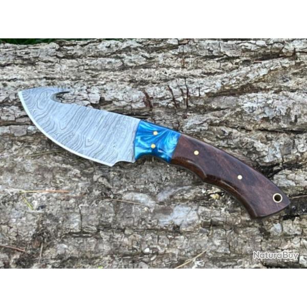 Couteau  dpecer/bushcraft avec crochet damas forg LLF 21cm bleu