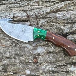 Couteau à dépecer/bushcraft avec crochet damas forgé LLF 21cm jade