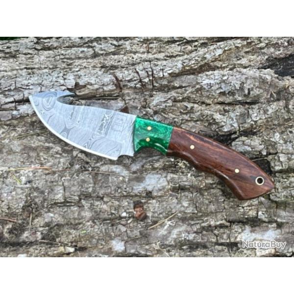 Couteau  dpecer/bushcraft avec crochet damas forg LLF 21cm jade