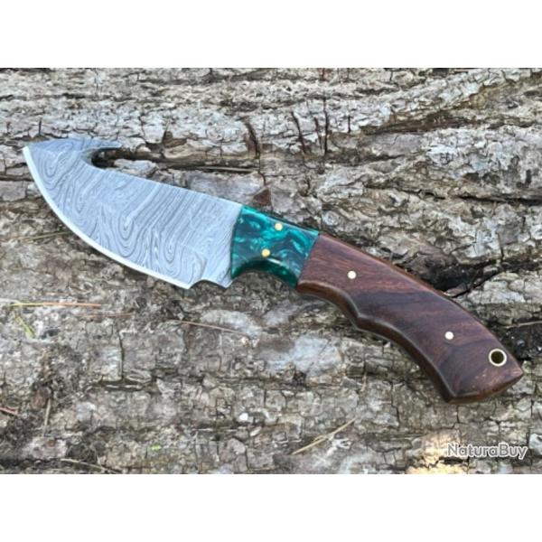 Couteau  dpecer/bushcraft avec crochet damas forg LLF 21cm vert