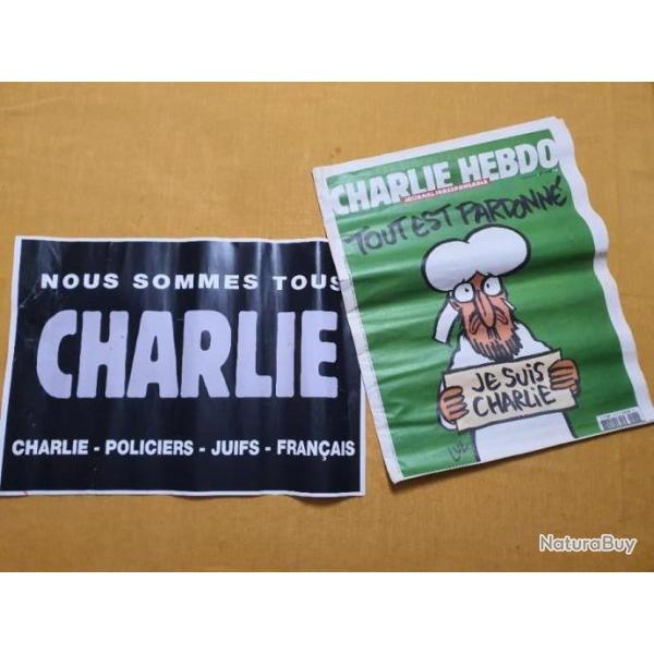 Journal CHARLIE HEBDO du 14 janvier 2015 et affiche NOUS SOMMES TOUS CHARLIE